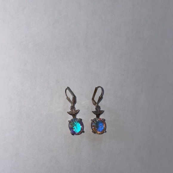 Silver Iridescent Earrings with sheet gemstone whale tail design drop design - Picture 3 of 6